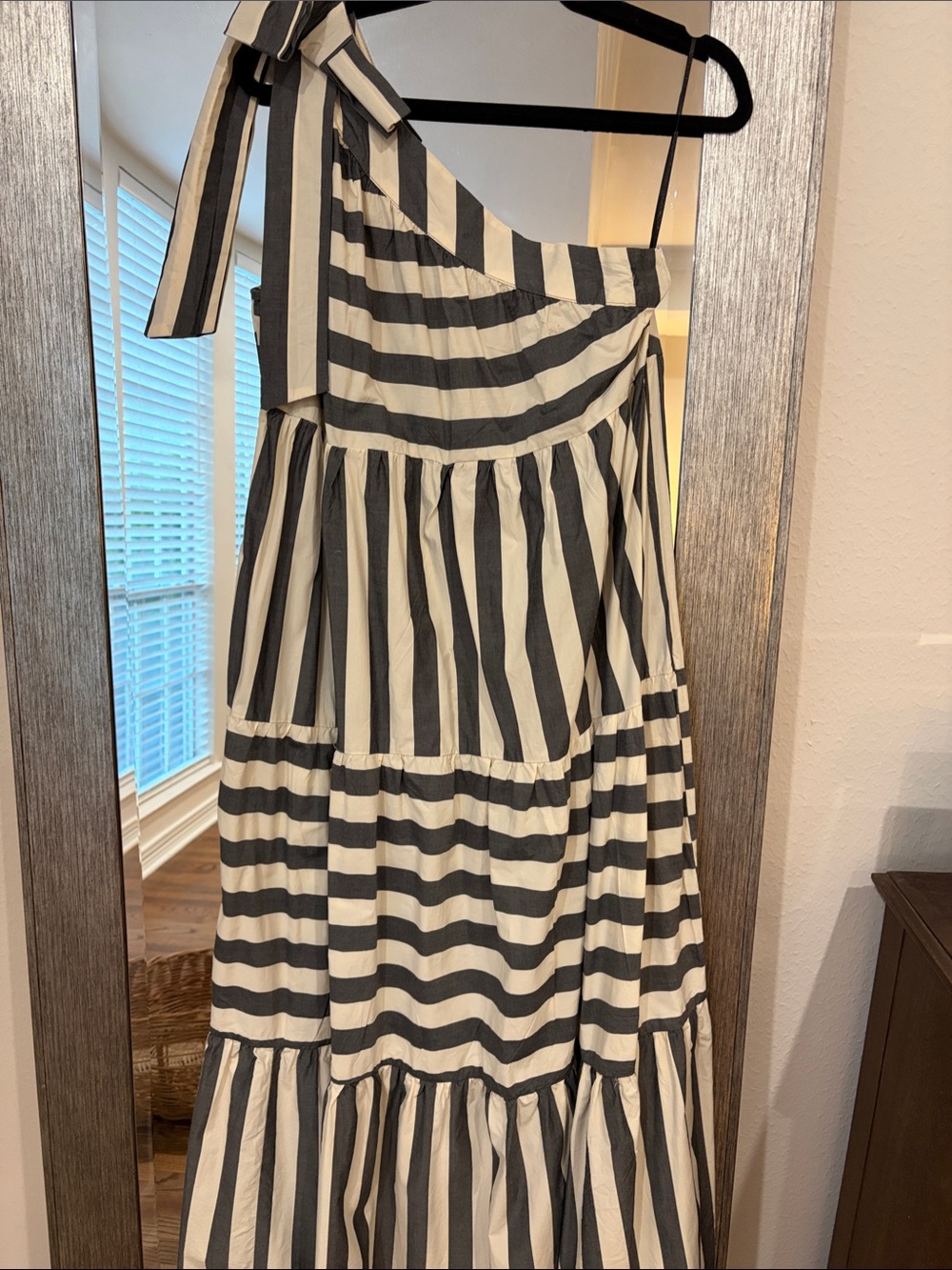 One-Shoulder Gray and Beige Striped Maxi Dress